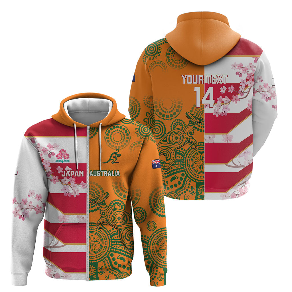 Australia and Japan Rugby Custom Zip Hoodie Wallabies Brave Blossoms Together
