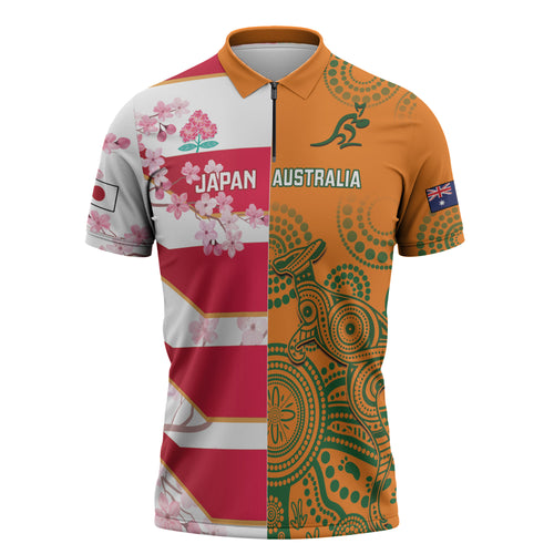 Australia and Japan Rugby Custom Zipper Polo Shirt Wallabies Brave Blossoms Together