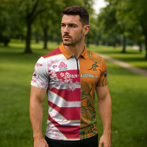 Australia and Japan Rugby Custom Zipper Polo Shirt Wallabies Brave Blossoms Together