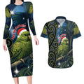 New Zealand Christmas Couples Matching Long Sleeve Bodycon Dress and Hawaiian Shirt Cute Kakapo Meri Kirihimete Maori Koru