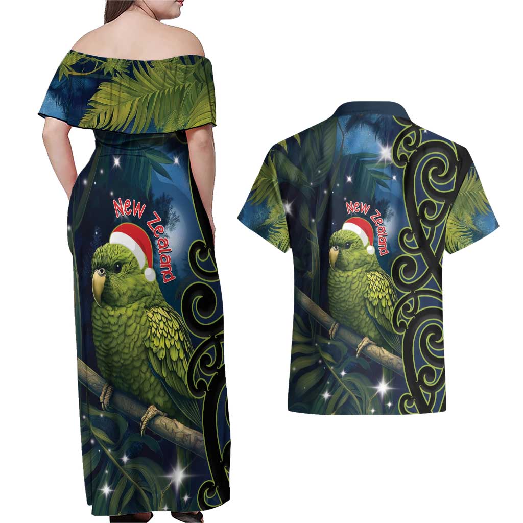 New Zealand Christmas Couples Matching Off Shoulder Maxi Dress and Hawaiian Shirt Cute Kakapo Meri Kirihimete Maori Koru