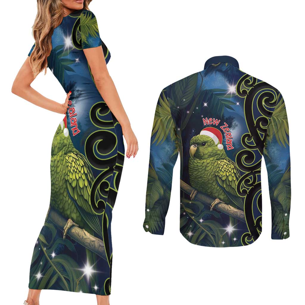 New Zealand Christmas Couples Matching Short Sleeve Bodycon Dress and Long Sleeve Button Shirt Cute Kakapo Meri Kirihimete Maori Koru