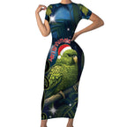 New Zealand Christmas Short Sleeve Bodycon Dress Cute Kakapo Meri Kirihimete Maori Koru