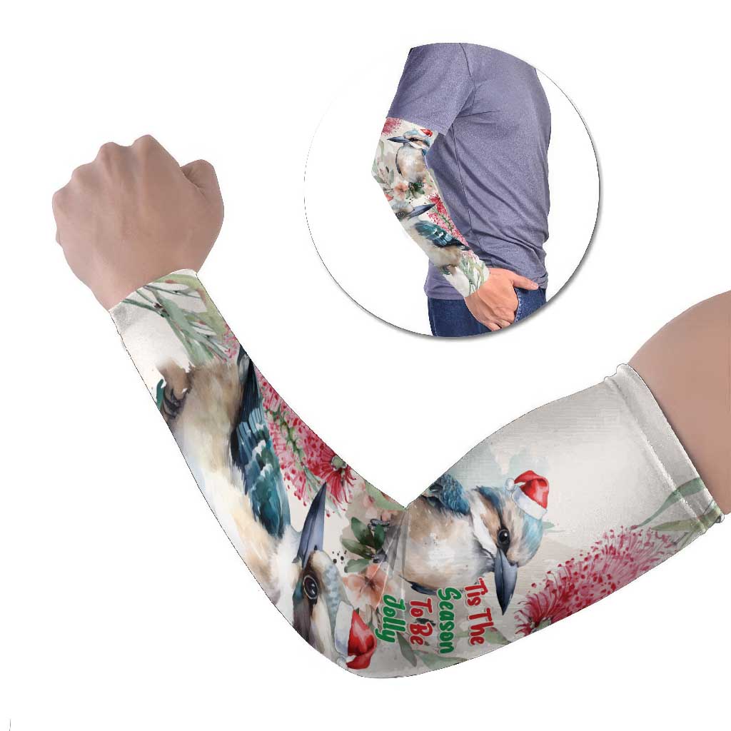 Australia Christmas Arm Sleeves Jolly Kookaburra Bottlebrush Watercolor - Aussie Hoodie