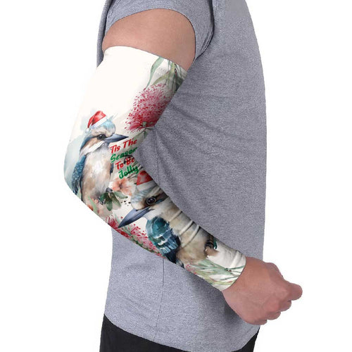 Australia Christmas Arm Sleeves Jolly Kookaburra Bottlebrush Watercolor - Aussie Hoodie