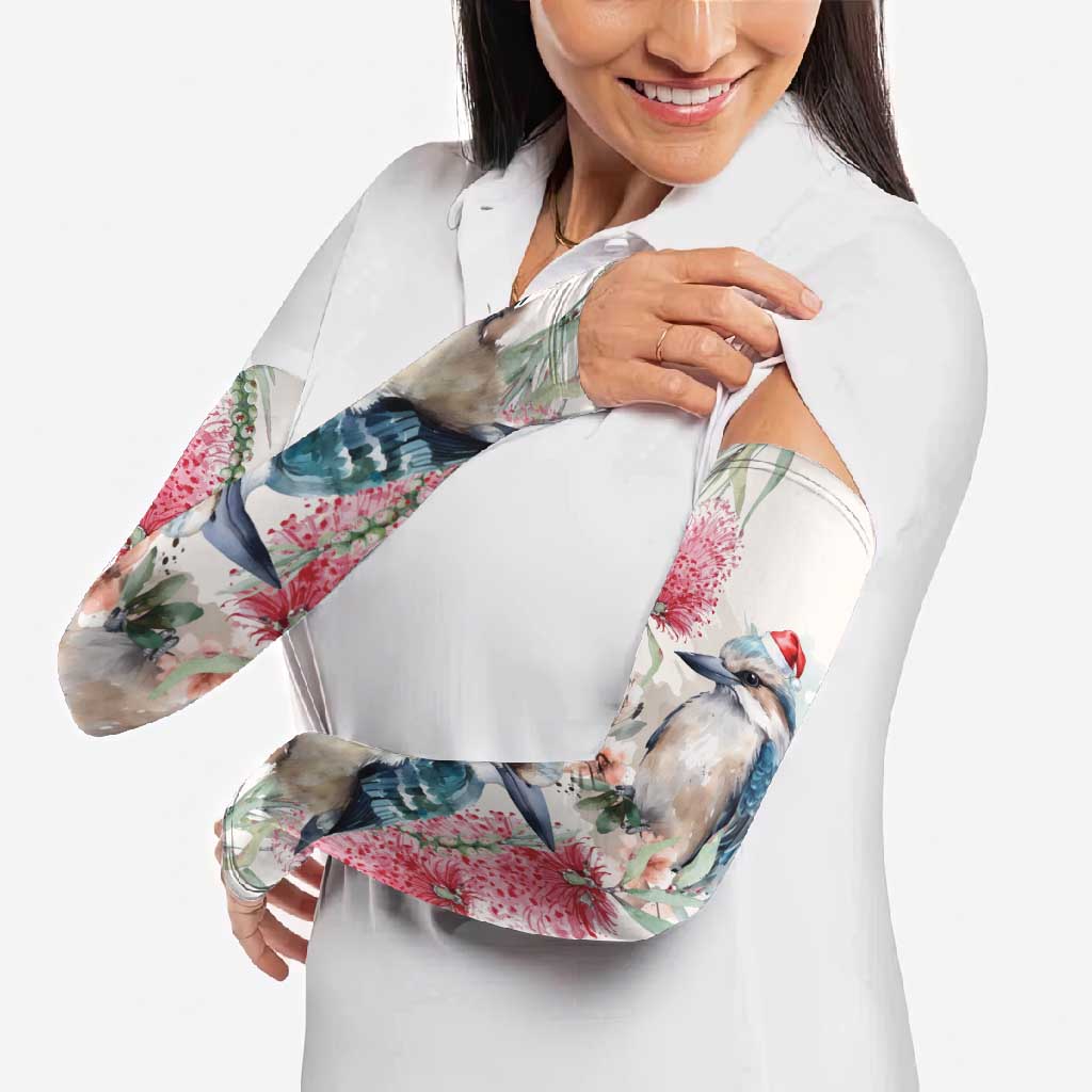 Australia Christmas Arm Sleeves Jolly Kookaburra Bottlebrush Watercolor - Aussie Hoodie