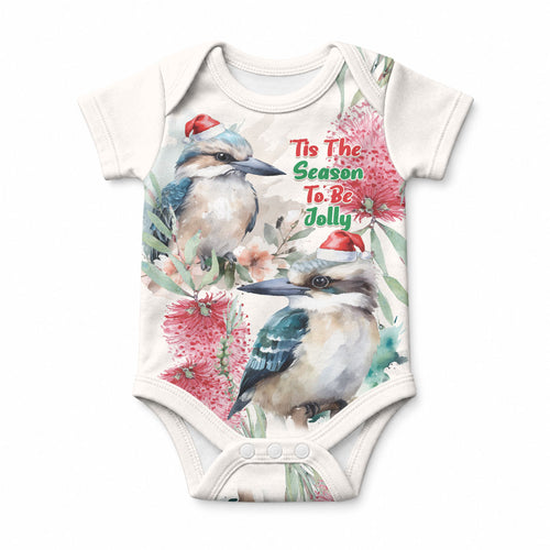 Australia Christmas Baby Onesie Jolly Kookaburra Bottlebrush Watercolor