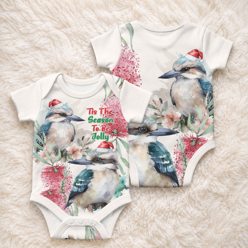 Australia Christmas Baby Onesie Jolly Kookaburra Bottlebrush Watercolor