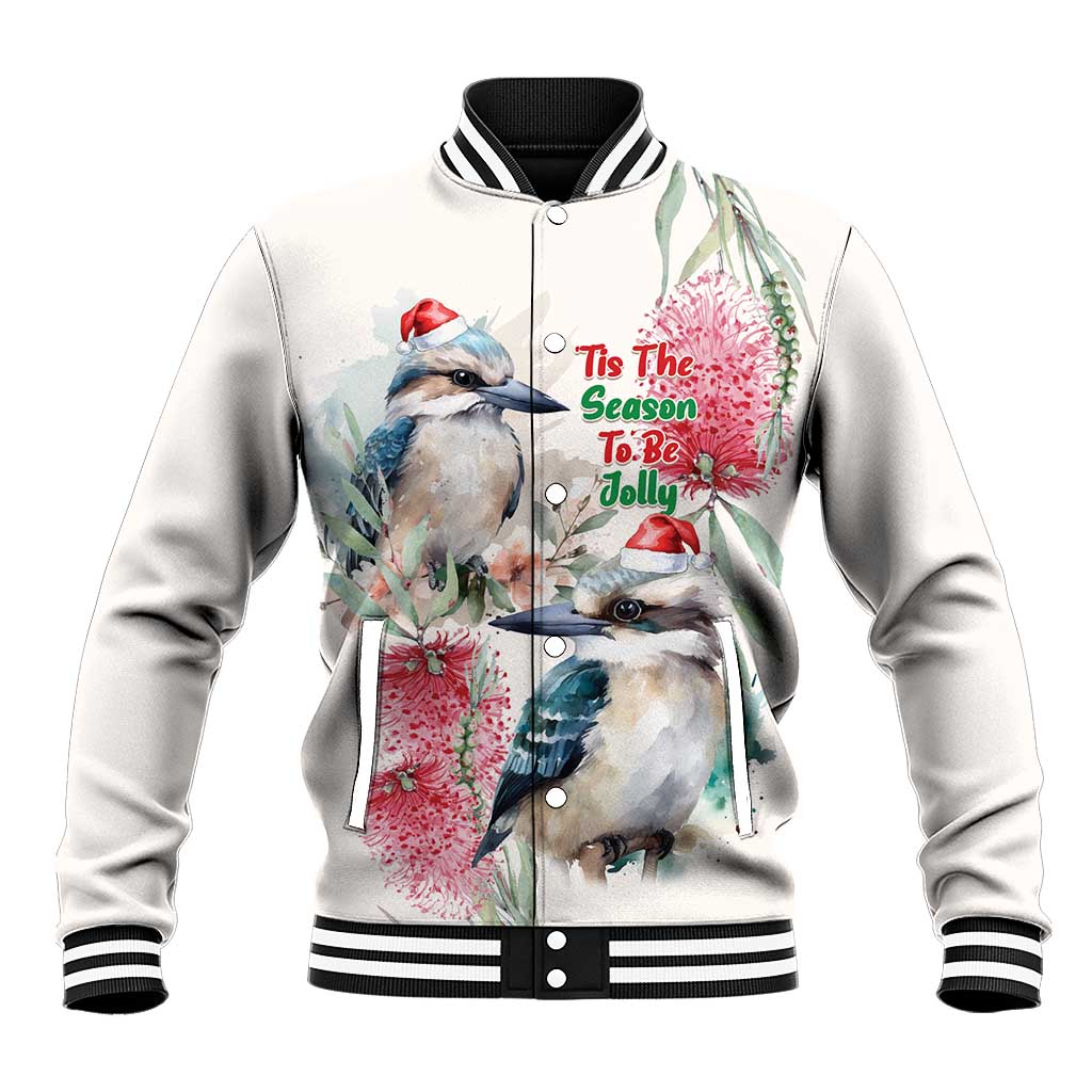 Australia Christmas Baseball Jacket Jolly Kookaburra Bottlebrush Watercolor - Aussie Hoodie