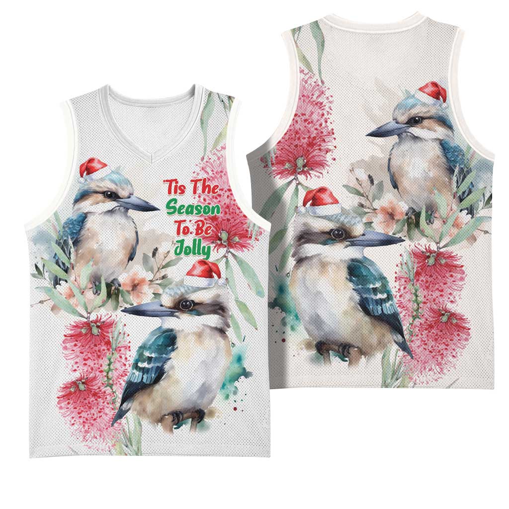 Australia Christmas Basketball Jersey Jolly Kookaburra Bottlebrush Watercolor - Aussie Hoodie