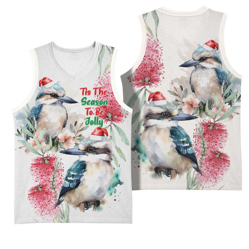 Australia Christmas Basketball Jersey Jolly Kookaburra Bottlebrush Watercolor - Aussie Hoodie