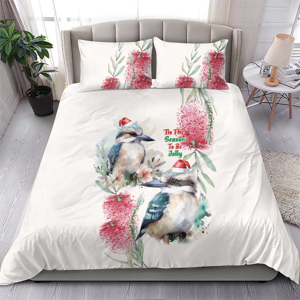 Australia Christmas Bedding Set Jolly Kookaburra Bottlebrush Watercolor - Aussie Hoodie