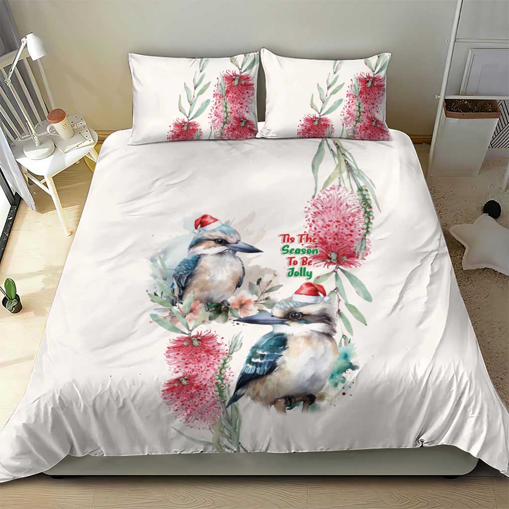 Australia Christmas Bedding Set Jolly Kookaburra Bottlebrush Watercolor - Aussie Hoodie