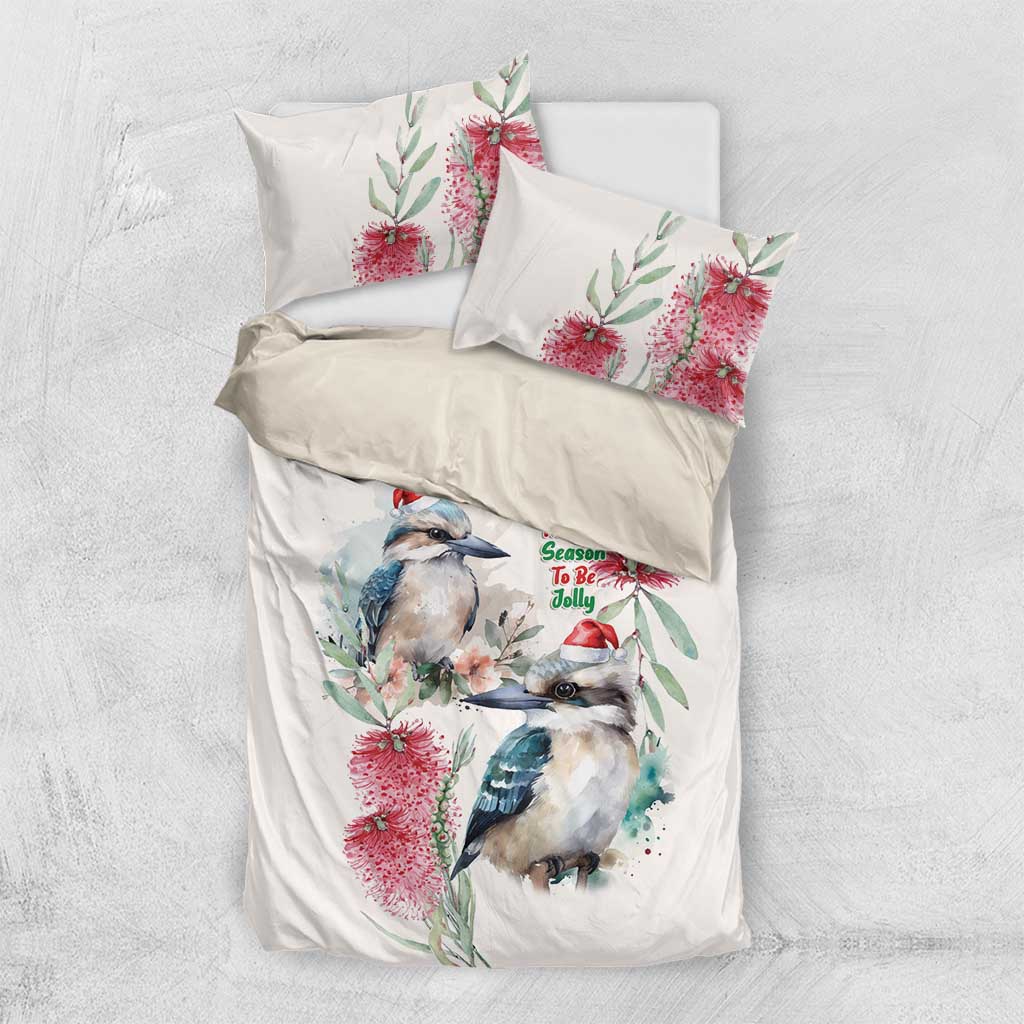 Australia Christmas Bedding Set Jolly Kookaburra Bottlebrush Watercolor - Aussie Hoodie