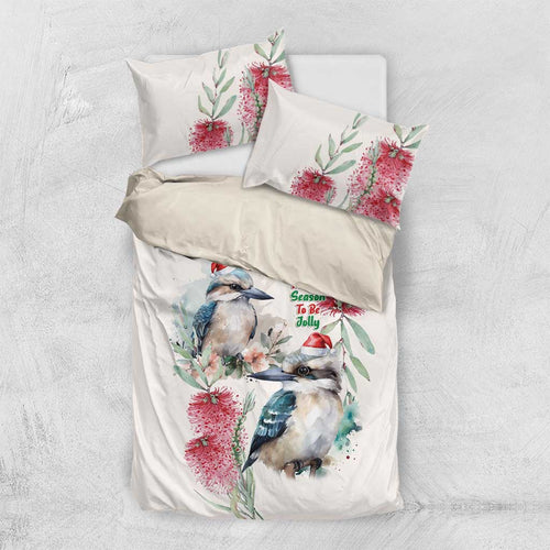 Australia Christmas Bedding Set Jolly Kookaburra Bottlebrush Watercolor - Aussie Hoodie