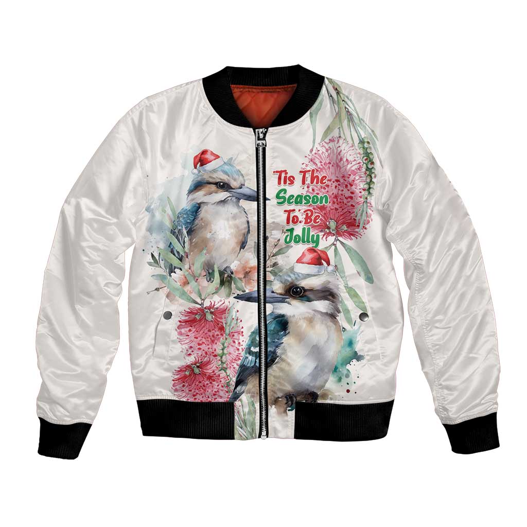 Australia Christmas Bomber Jacket Jolly Kookaburra Bottlebrush Watercolor - Aussie Hoodie