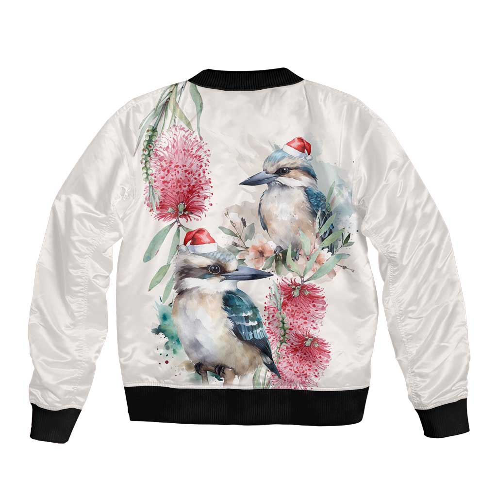 Australia Christmas Bomber Jacket Jolly Kookaburra Bottlebrush Watercolor - Aussie Hoodie