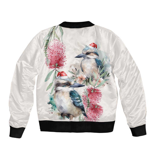 Australia Christmas Bomber Jacket Jolly Kookaburra Bottlebrush Watercolor - Aussie Hoodie