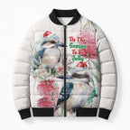 Australia Christmas Bomber Puffer Jacket Jolly Kookaburra Bottlebrush Watercolor - Aussie Hoodie
