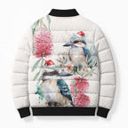 Australia Christmas Bomber Puffer Jacket Jolly Kookaburra Bottlebrush Watercolor - Aussie Hoodie