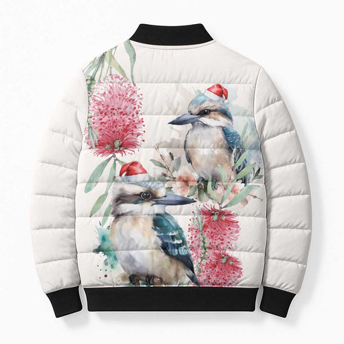 Australia Christmas Bomber Puffer Jacket Jolly Kookaburra Bottlebrush Watercolor - Aussie Hoodie
