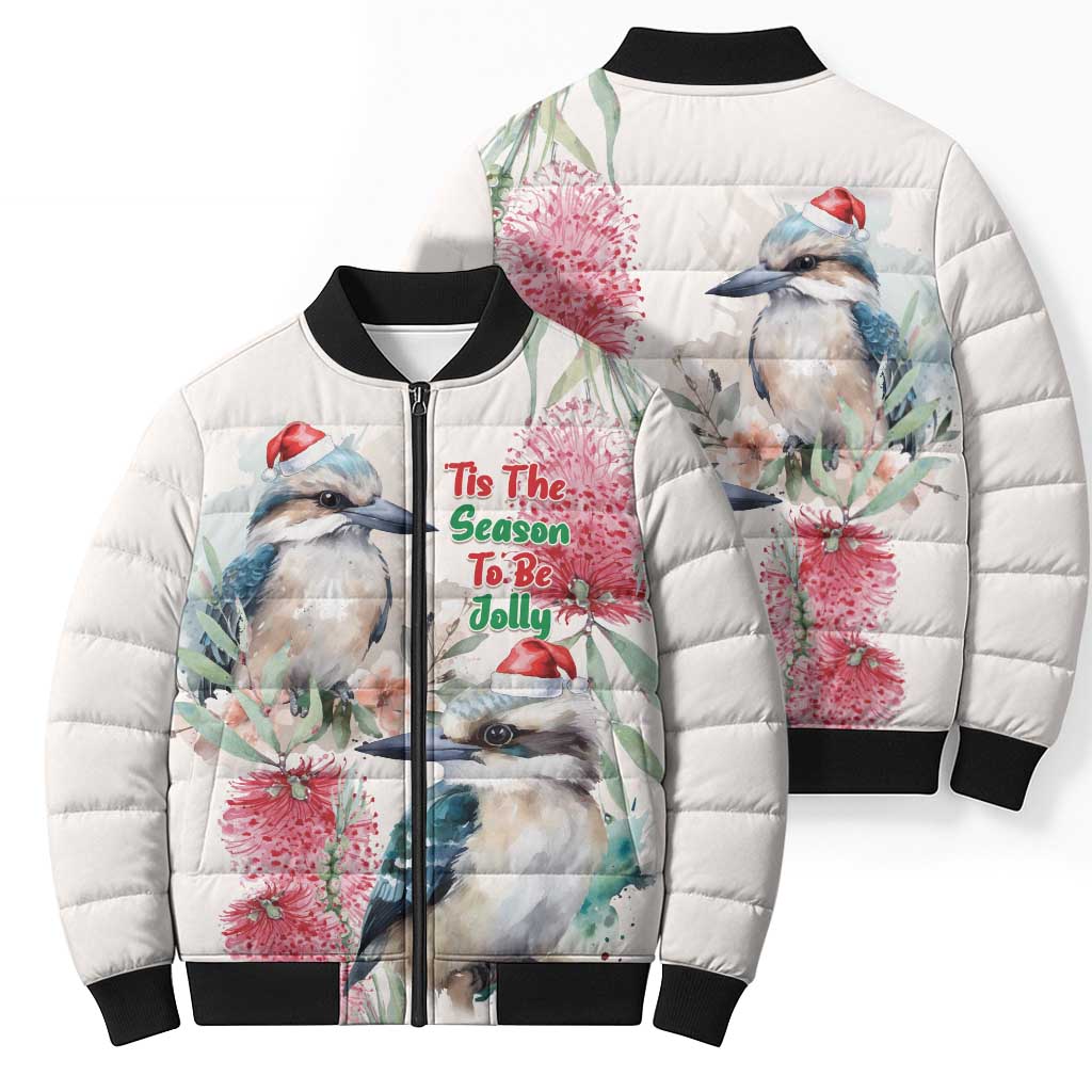 Australia Christmas Bomber Puffer Jacket Jolly Kookaburra Bottlebrush Watercolor - Aussie Hoodie