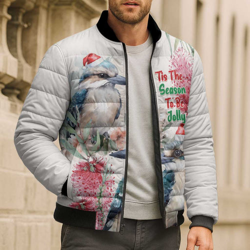 Australia Christmas Bomber Puffer Jacket Jolly Kookaburra Bottlebrush Watercolor - Aussie Hoodie