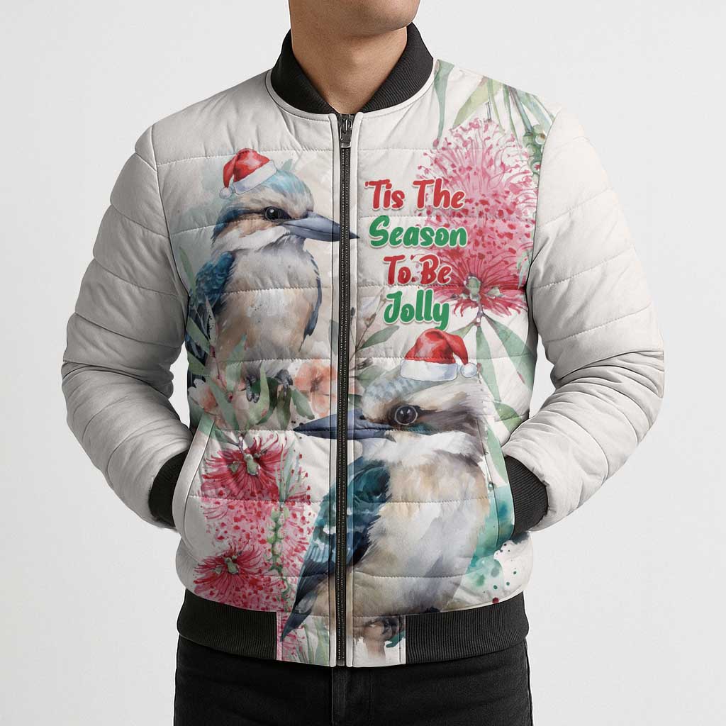 Australia Christmas Bomber Puffer Jacket Jolly Kookaburra Bottlebrush Watercolor - Aussie Hoodie