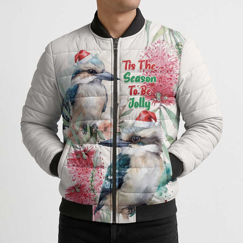 Australia Christmas Bomber Puffer Jacket Jolly Kookaburra Bottlebrush Watercolor - Aussie Hoodie