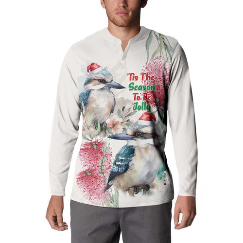 Australia Christmas Button Sweatshirt Jolly Kookaburra Bottlebrush Watercolor - Aussie Hoodie