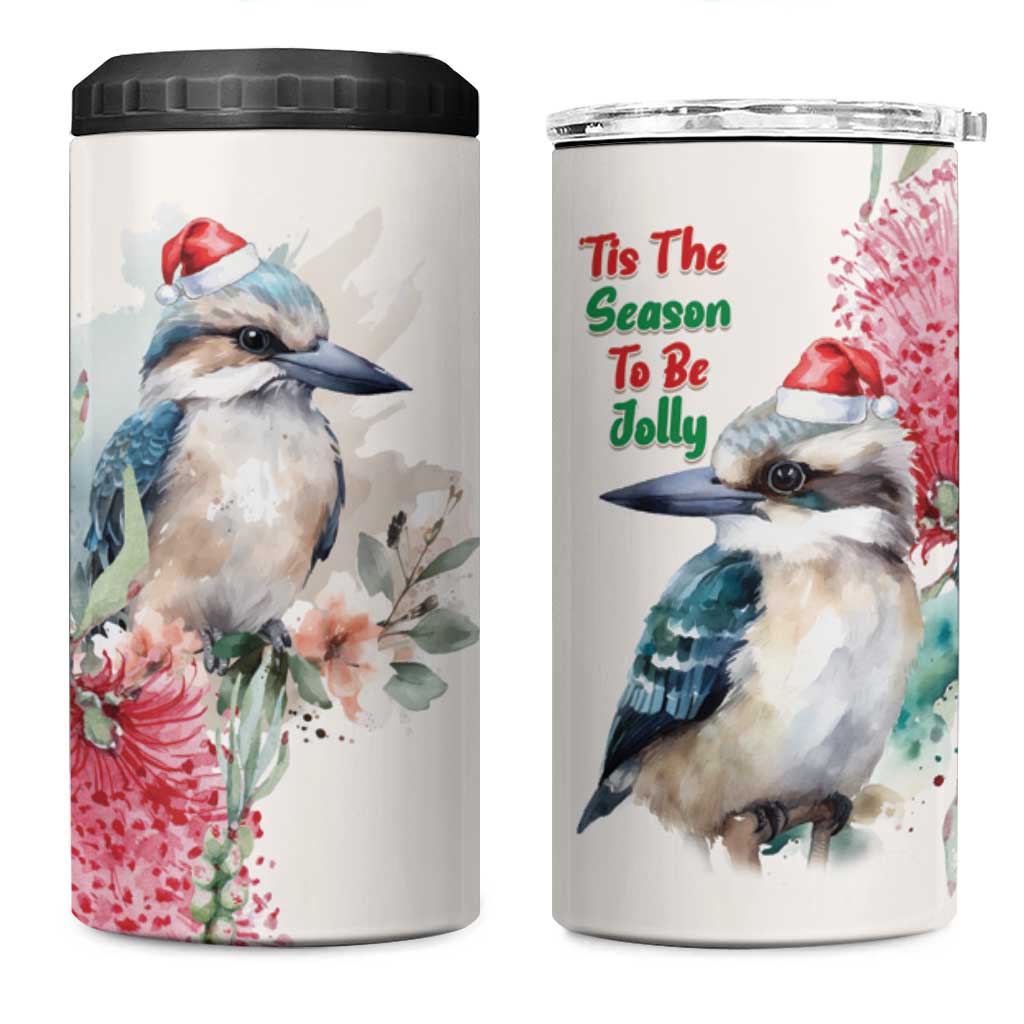 Australia Christmas 4 in 1 Can Cooler Tumbler Jolly Kookaburra Bottlebrush Watercolor - Aussie Hoodie