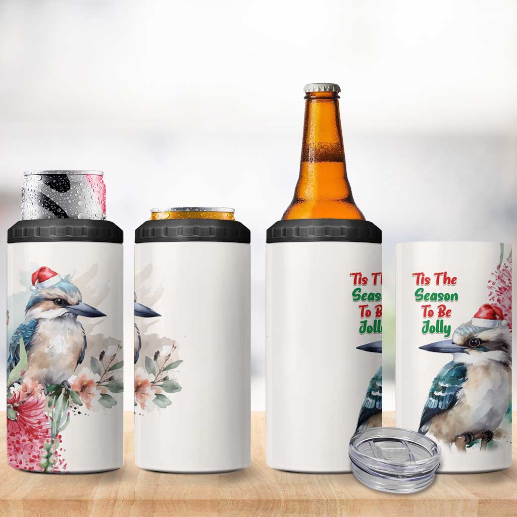 Australia Christmas 4 in 1 Can Cooler Tumbler Jolly Kookaburra Bottlebrush Watercolor - Aussie Hoodie