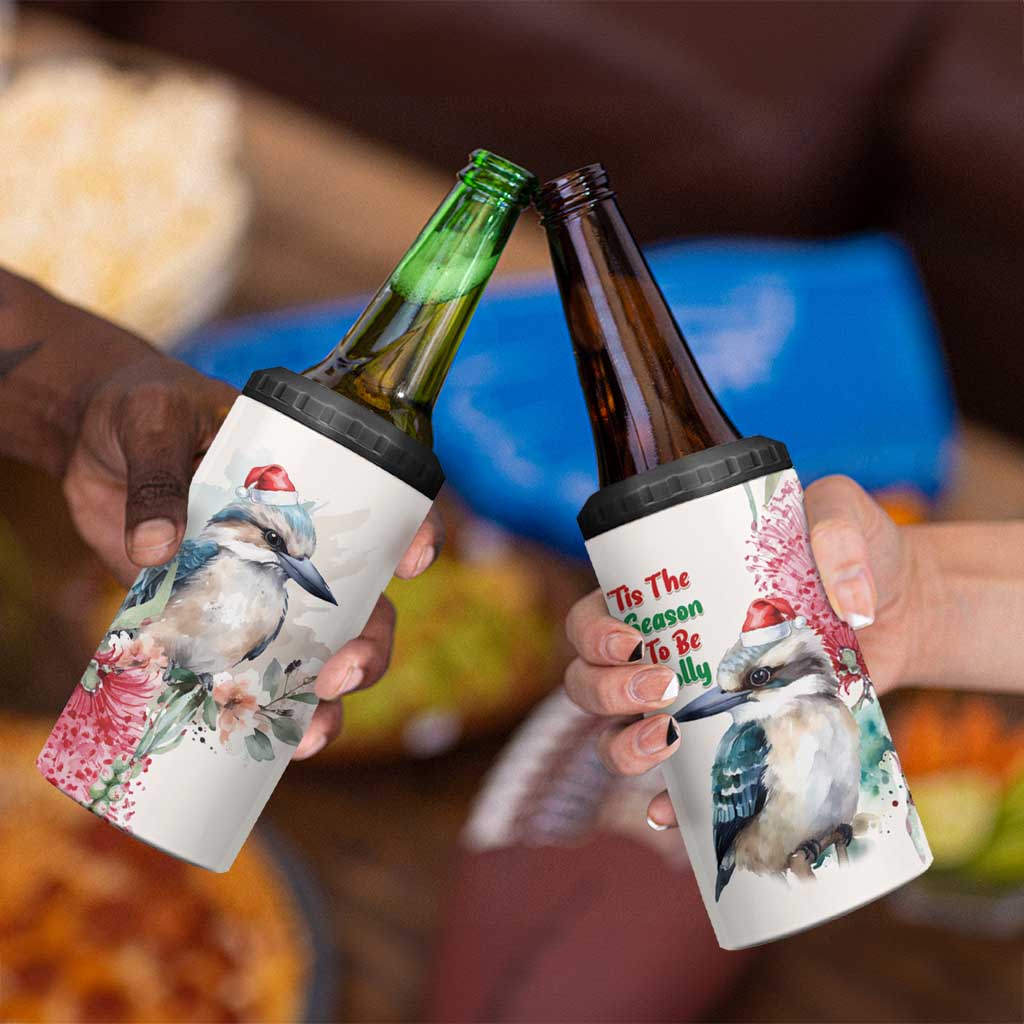 Australia Christmas 4 in 1 Can Cooler Tumbler Jolly Kookaburra Bottlebrush Watercolor - Aussie Hoodie