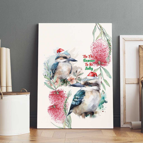 Australia Christmas Canvas Wall Art Jolly Kookaburra Bottlebrush Watercolor - Aussie Hoodie