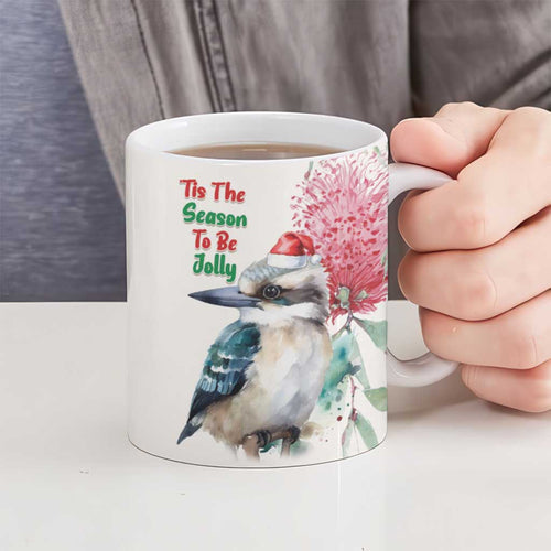 Australia Christmas Ceramic Mug Jolly Kookaburra Bottlebrush Watercolor - Aussie Hoodie
