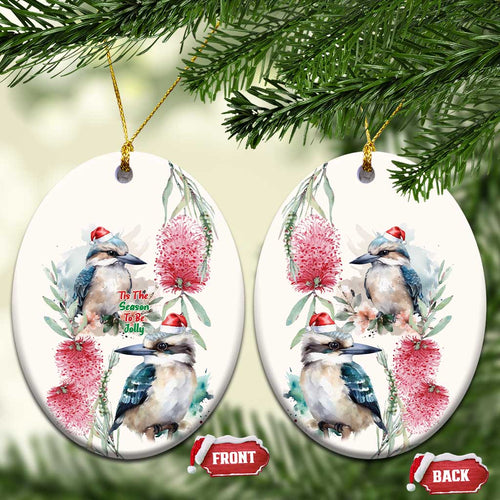 Australia Christmas Ceramic Ornament Jolly Kookaburra Bottlebrush Watercolor - Aussie Hoodie