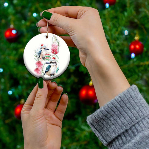 Australia Christmas Ceramic Ornament Jolly Kookaburra Bottlebrush Watercolor - Aussie Hoodie