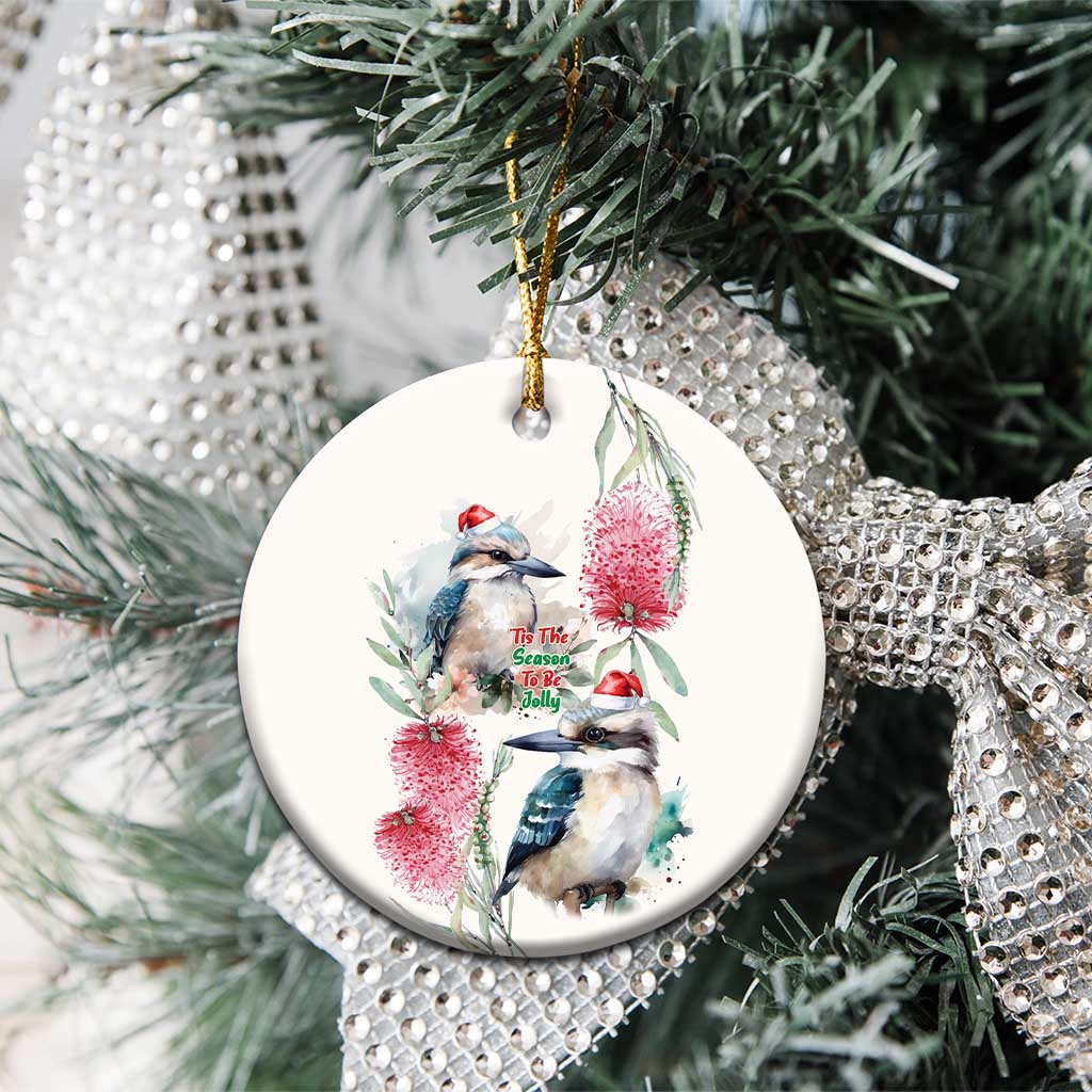 Australia Christmas Ceramic Ornament Jolly Kookaburra Bottlebrush Watercolor - Aussie Hoodie