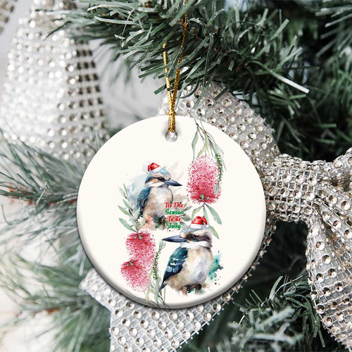 Australia Christmas Ceramic Ornament Jolly Kookaburra Bottlebrush Watercolor - Aussie Hoodie