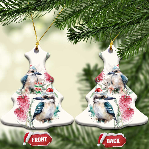Australia Christmas Ceramic Ornament Jolly Kookaburra Bottlebrush Watercolor - Aussie Hoodie