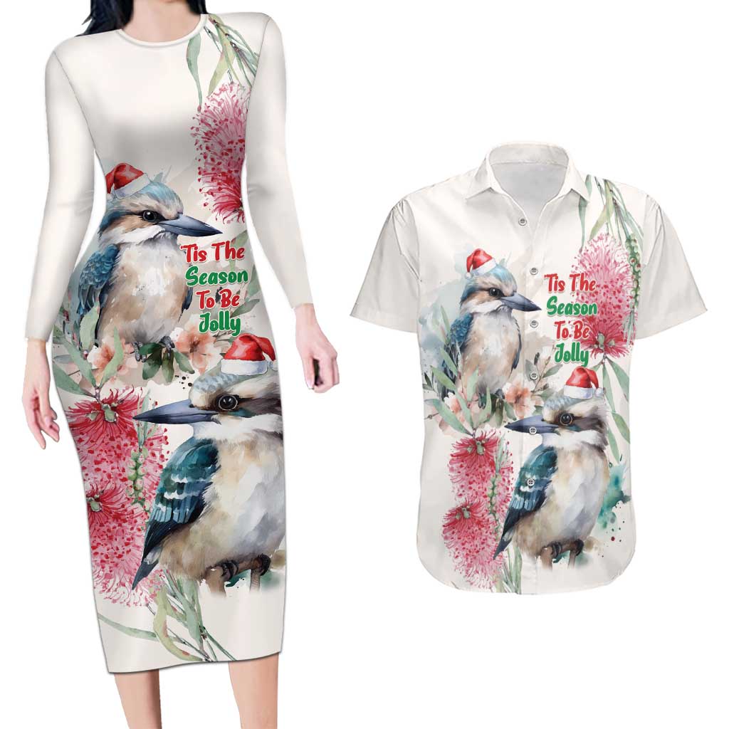 Australia Christmas Couples Matching Long Sleeve Bodycon Dress and Hawaiian Shirt Jolly Kookaburra Bottlebrush Watercolor - Aussie Hoodie