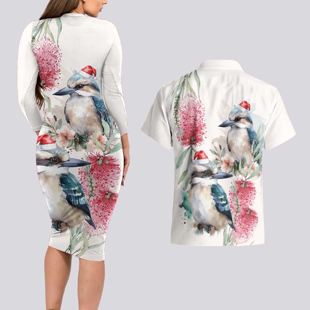 Australia Christmas Couples Matching Long Sleeve Bodycon Dress and Hawaiian Shirt Jolly Kookaburra Bottlebrush Watercolor - Aussie Hoodie