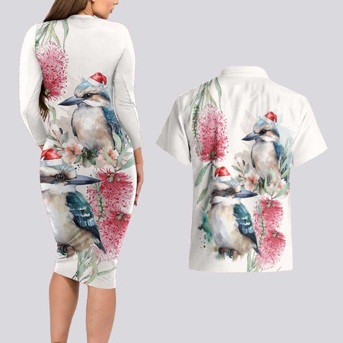 Australia Christmas Couples Matching Long Sleeve Bodycon Dress and Hawaiian Shirt Jolly Kookaburra Bottlebrush Watercolor - Aussie Hoodie