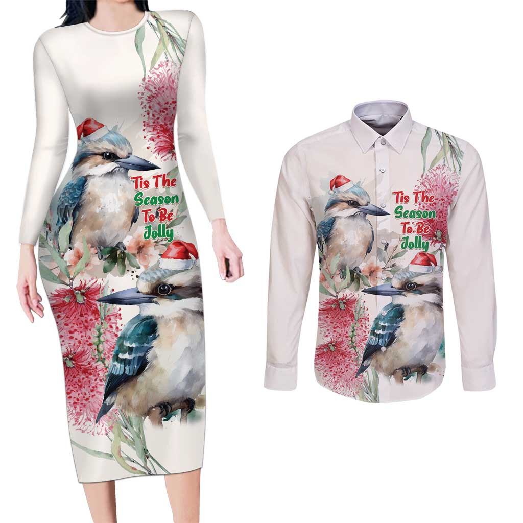 Australia Christmas Couples Matching Long Sleeve Bodycon Dress and Long Sleeve Button Shirt Jolly Kookaburra Bottlebrush Watercolor - Aussie Hoodie