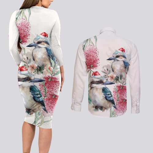 Australia Christmas Couples Matching Long Sleeve Bodycon Dress and Long Sleeve Button Shirt Jolly Kookaburra Bottlebrush Watercolor - Aussie Hoodie