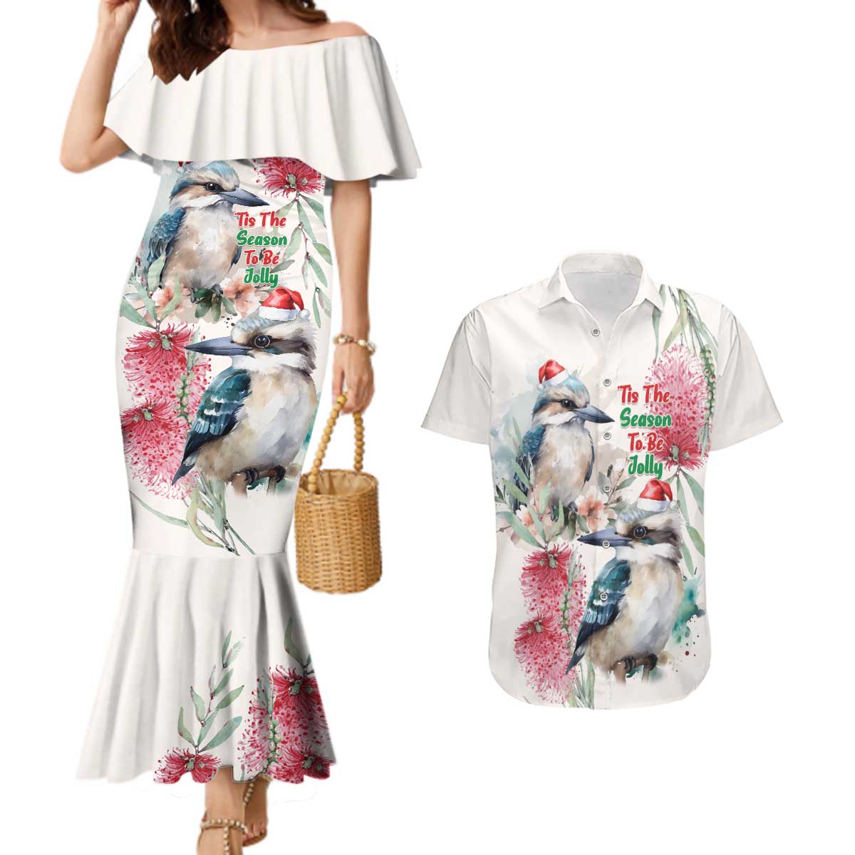 Australia Christmas Couples Matching Mermaid Dress and Hawaiian Shirt Jolly Kookaburra Bottlebrush Watercolor - Aussie Hoodie