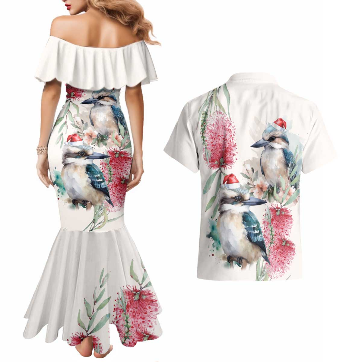 Australia Christmas Couples Matching Mermaid Dress and Hawaiian Shirt Jolly Kookaburra Bottlebrush Watercolor - Aussie Hoodie