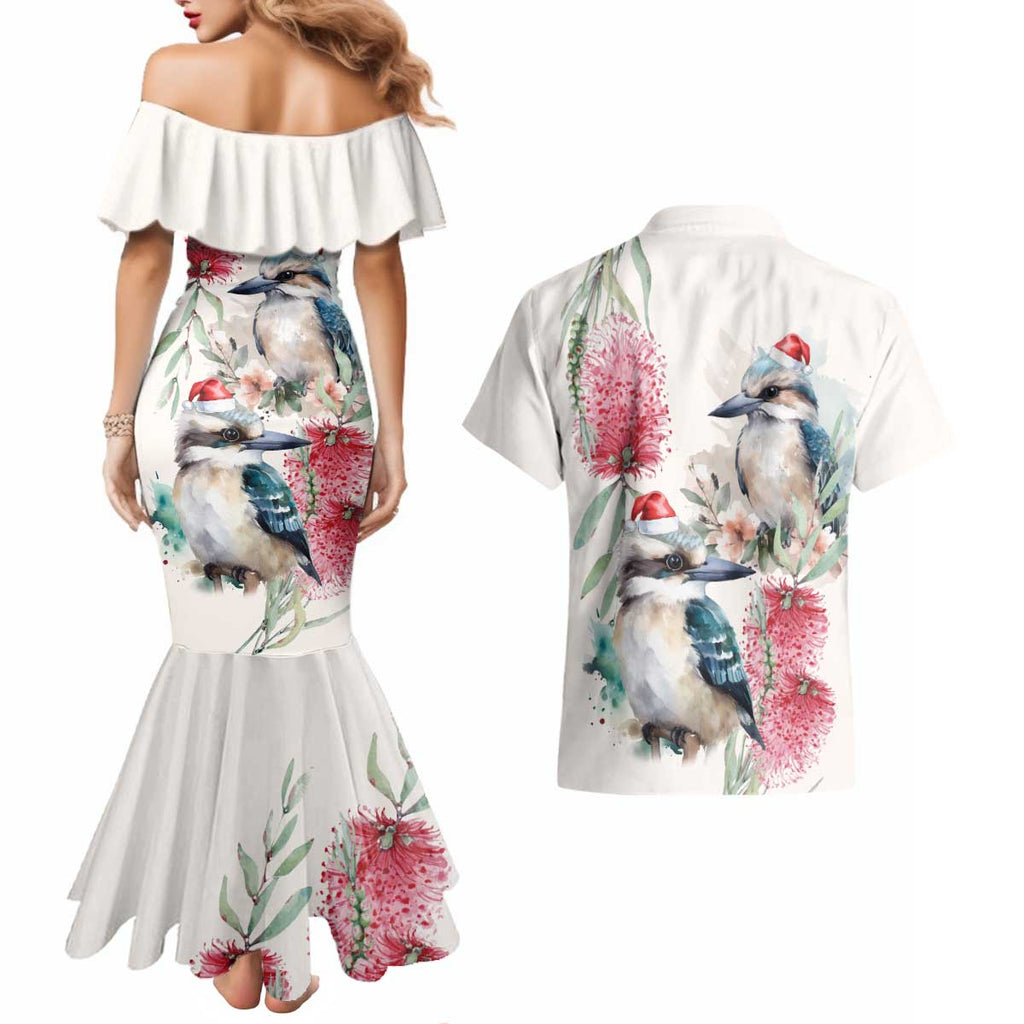 Australia Christmas Couples Matching Mermaid Dress and Hawaiian Shirt Jolly Kookaburra Bottlebrush Watercolor - Aussie Hoodie