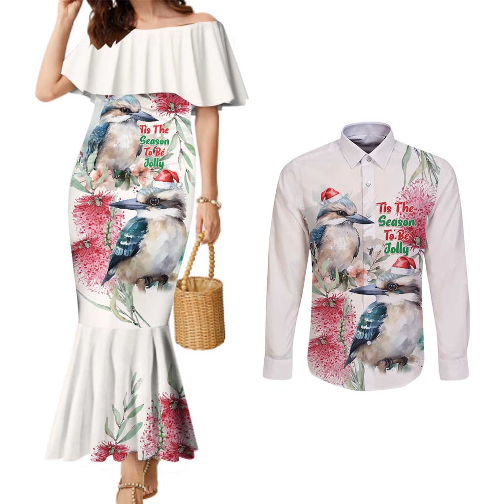 Australia Christmas Couples Matching Mermaid Dress and Long Sleeve Button Shirt Jolly Kookaburra Bottlebrush Watercolor - Aussie Hoodie