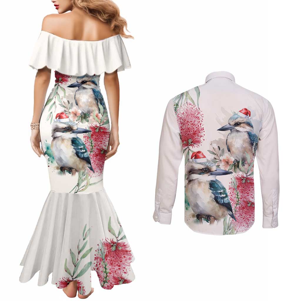 Australia Christmas Couples Matching Mermaid Dress and Long Sleeve Button Shirt Jolly Kookaburra Bottlebrush Watercolor - Aussie Hoodie